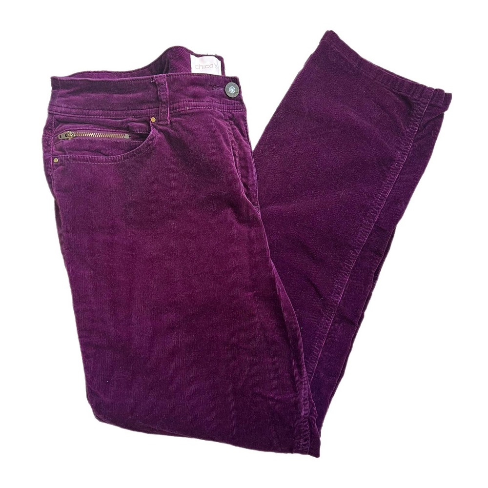 Women's Chico's Corduroy Straight Leg Pants Purple Embellished Size 2 Regular